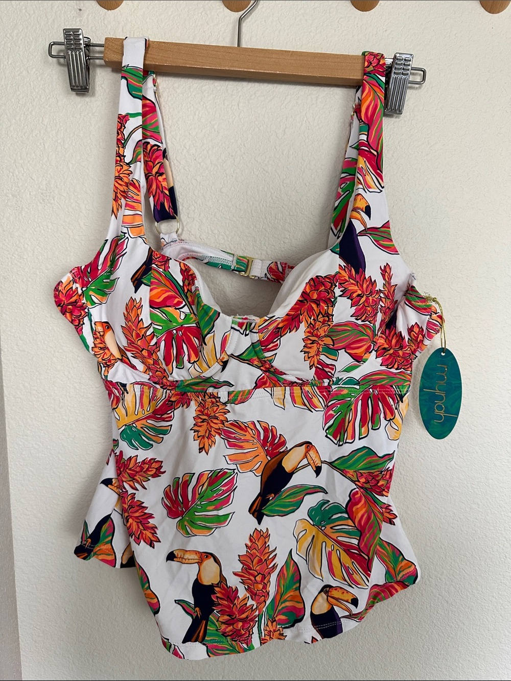 Mynah Tropical Toucan Print Bikini Top - White with Multicolor Tropical Print